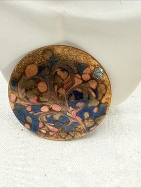 Vintage Artisan Round  Enamel on Copper Floral Motif Brooch in Blue and Pink